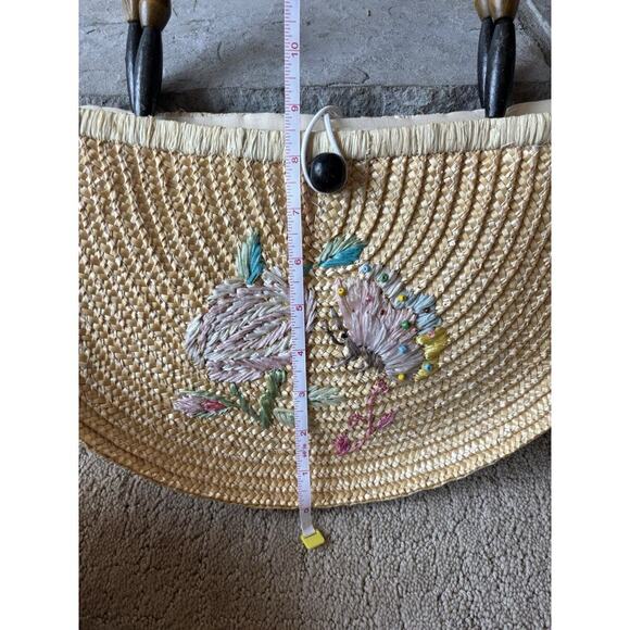 Boho Half Moon Bag Straw Embroidered Floral Prairie Feminine Wooden Handle - Picture 9 of 10